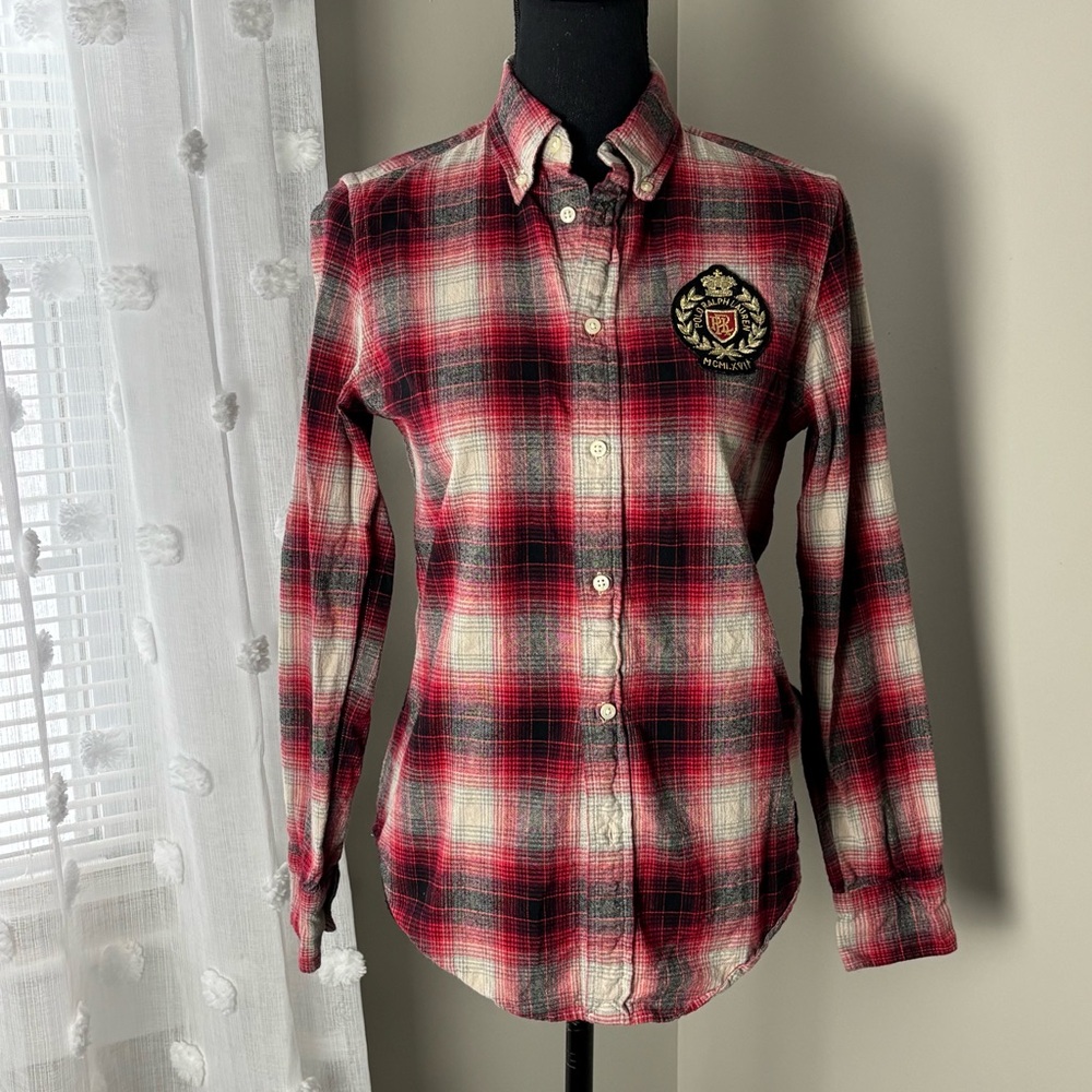 Polo Ralph Lauren Red and Gray Plaid  Button Up Shirt With Logo Crest Size Small